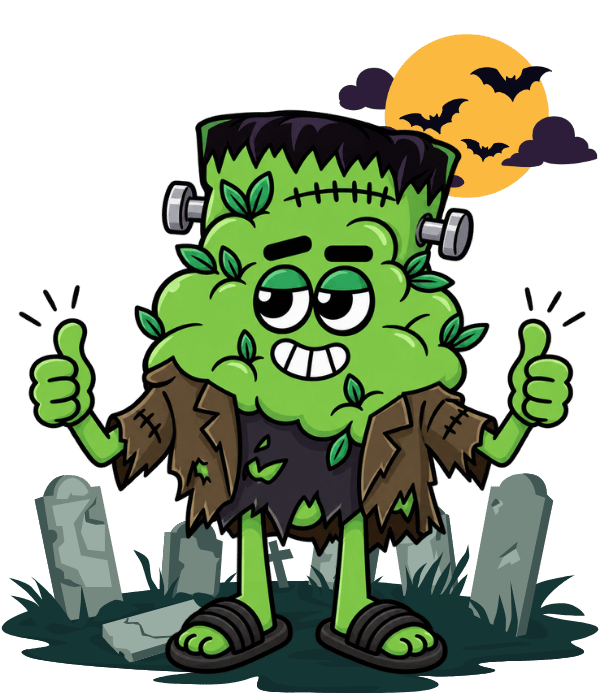 Mascotte HHC.fr déguisée en Frankenstein pour Halloween