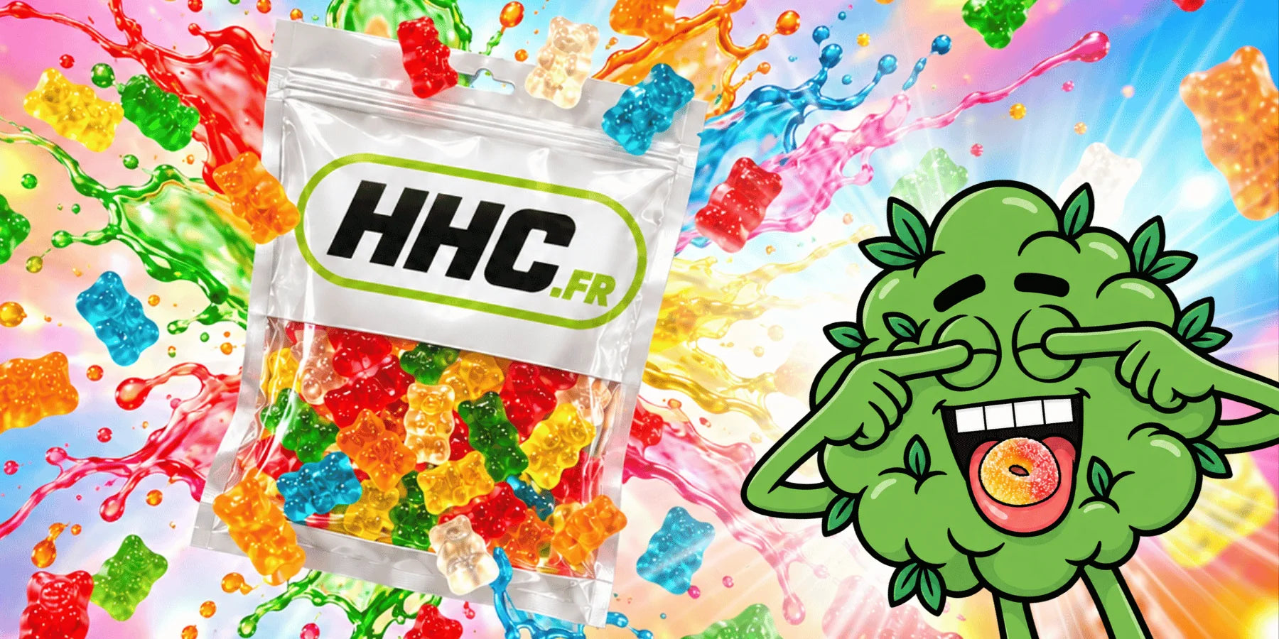 Sachet de gummies HHC.fr et oursons colorés