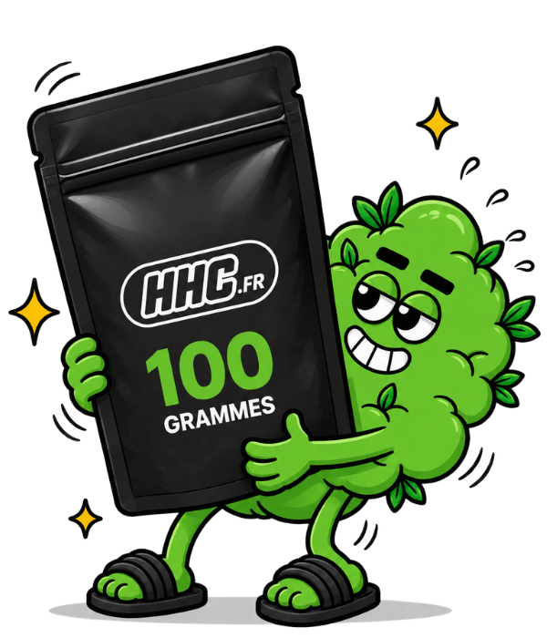 Mascotte HHC.fr portant un pochon format 100 grammes